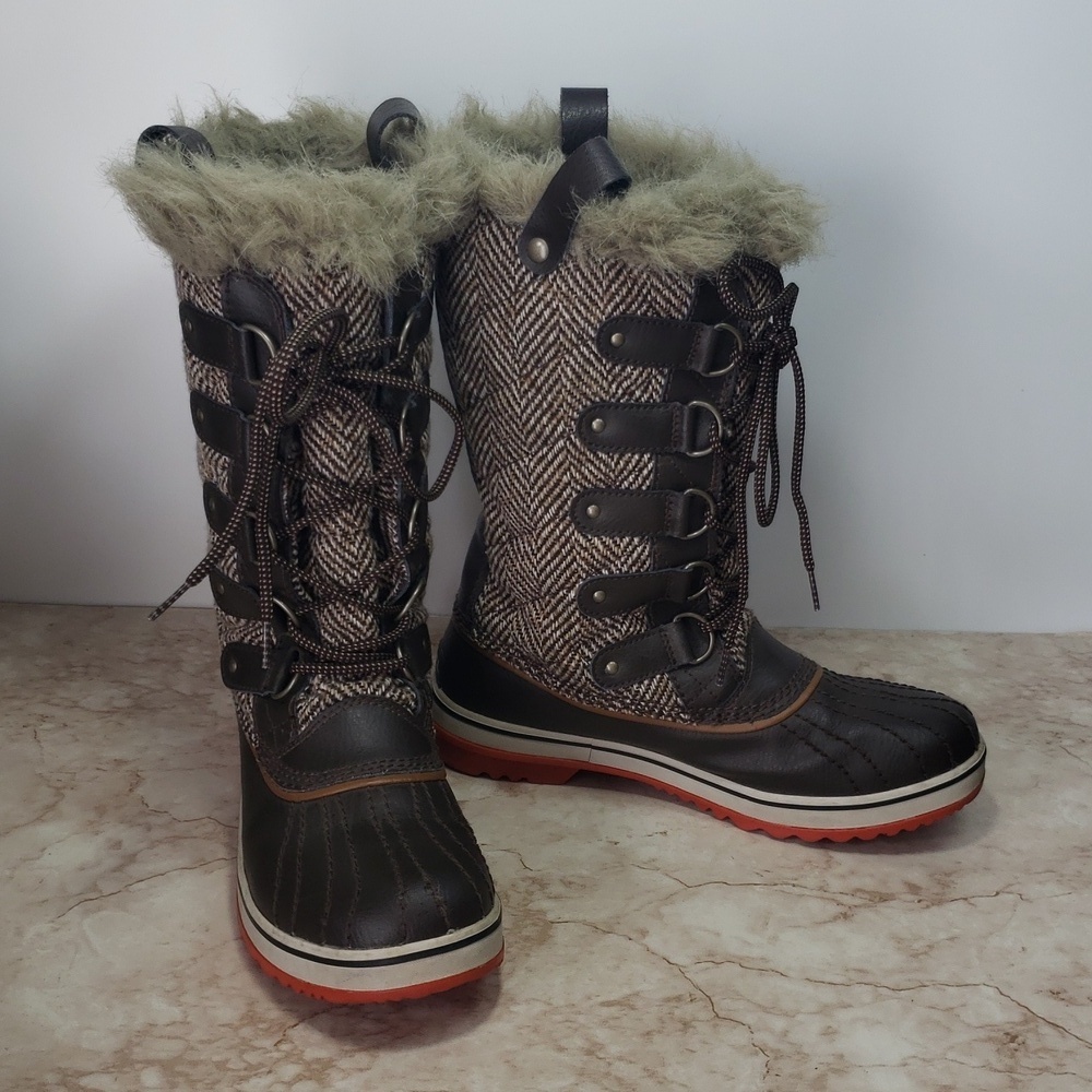 Sorel Brown Upper Fabric And Faux Fur Lace Up Winter Women's  Boots Size 8